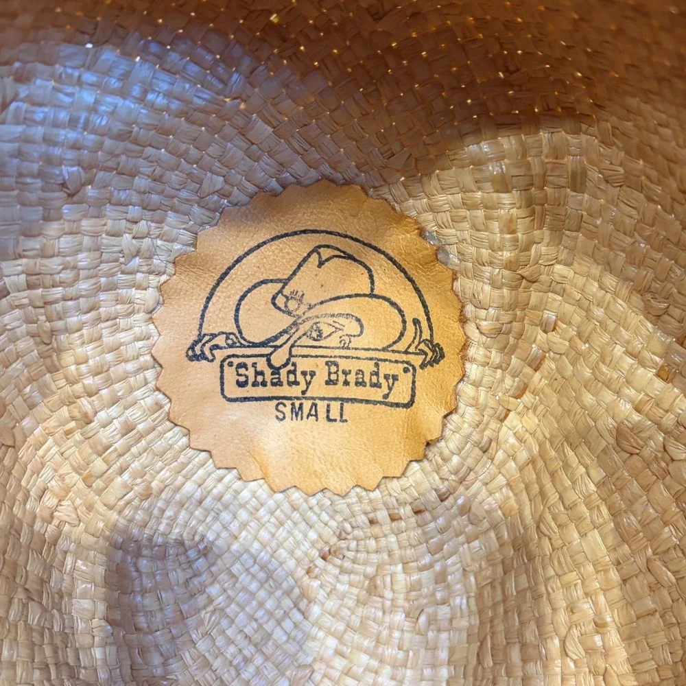 Shady Brady 80s Straw Cowboy Hat Tan Raffia Feather Band Festival Western Small